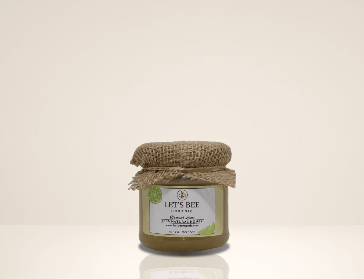 100G organic british lime for sale, with a peice of textil on top, best honey to buy local and purely organic